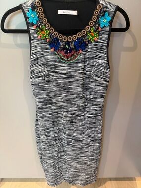Bailey 44 Black & White Space-Dye Mini Dress with Multicolor Beaded Neckline
